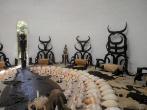 scary horn chairs and rows of conch shells